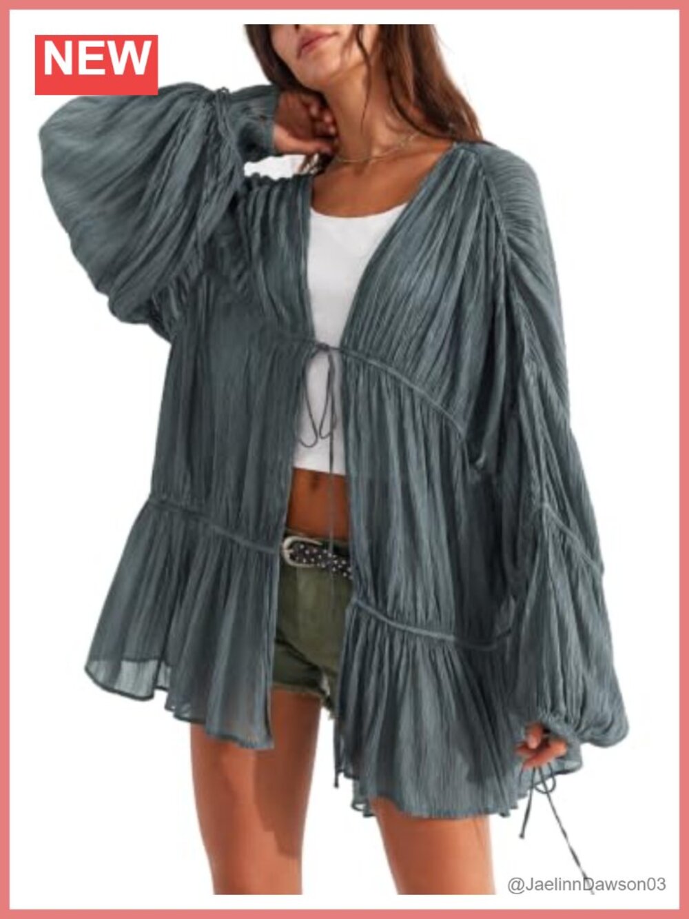 Sheer pleated kimono coverup tie front long sleeve duster